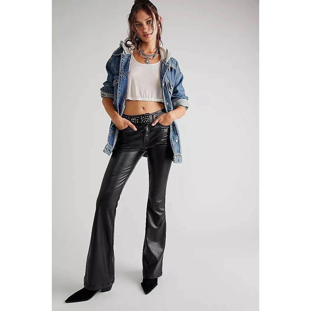 Black Flare Denim Jeans Belted Mid rise