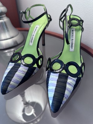 Manolo Blahnik Black Green Pointed Toe Stiletto Sling back Shoes - Main Image