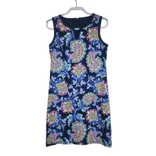 Talbots Womens 8 Navy Paisley Shift Dress Sleeveless Split Neck Cotton EUC