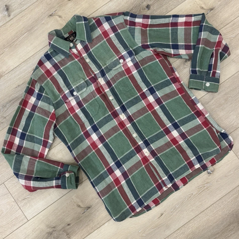 RRL Double RL Shirt Men's Medium Green Button Down Plaid Work Linen Flannel - Image 2 of 4