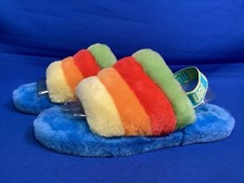 UGG Fluff Yeah Pride Rainbow Stripe Slipper Sandal Kids Size 6 Women 8 1116570K