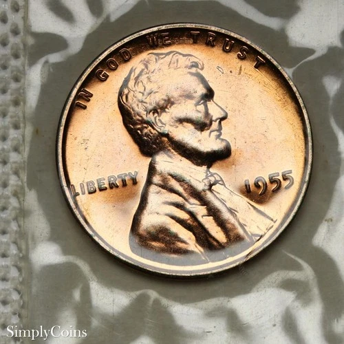 1955 Lincoln Wheat Cent Penny PROOF RED RD 1c Sealed Cello from Set