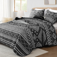 Boho Quilts Queen Size, Black and White Summer Stripe Bedspreads Bedding Set, Bo