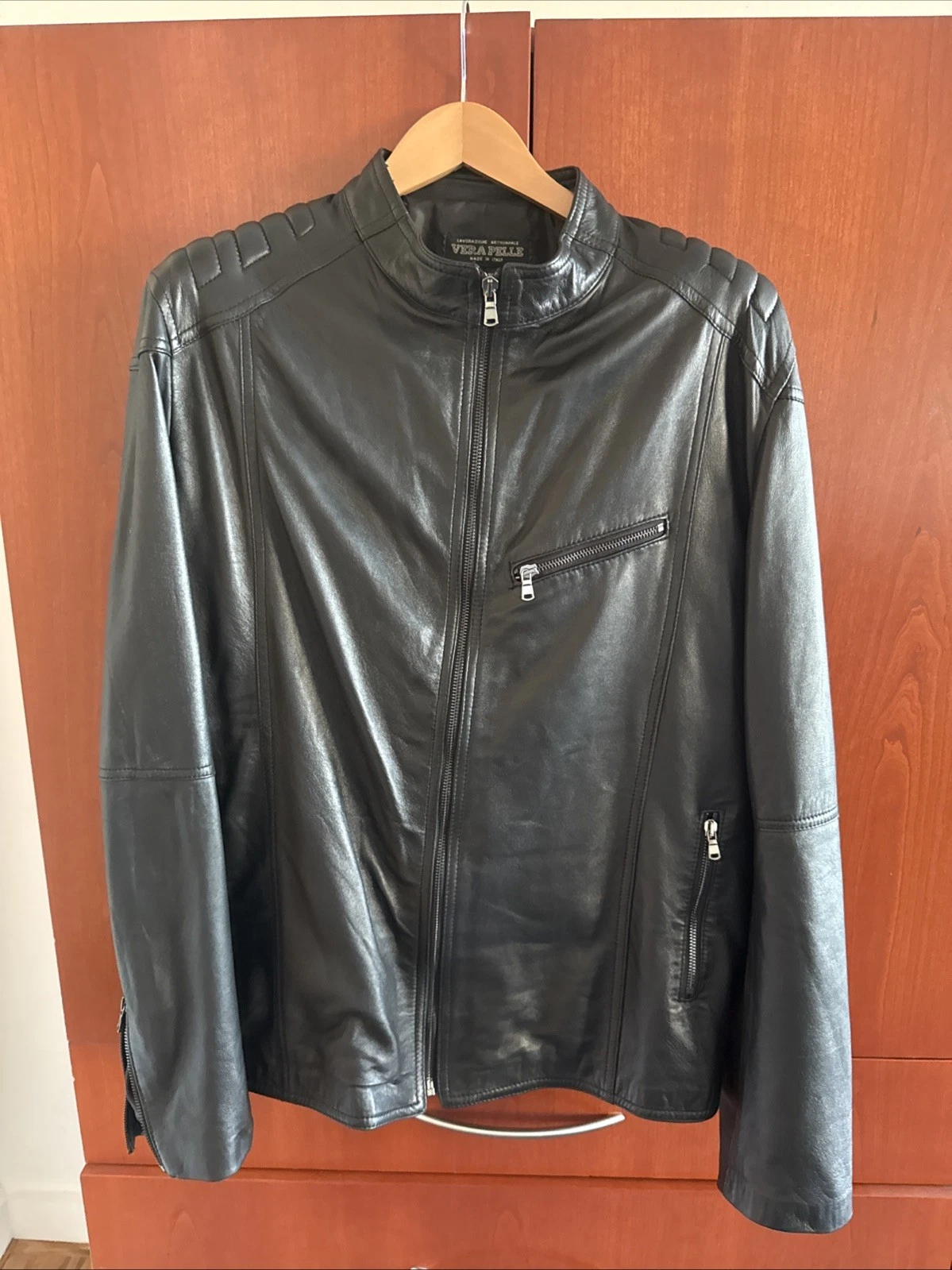 Vera Pelle Men's Genuine Leather Black Bomber Jacket Made In Italy Size 60 - product detail image 1