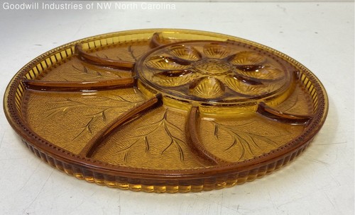 Vintage Indiana Glass Amber Round Divided Deviled Egg & Relish Party Tray - Picture 2 of 6