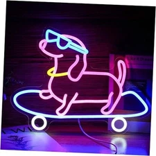 Skateboard Dog Neon Sign Cute Glasses Dog LED Neon Light Blue Pink White