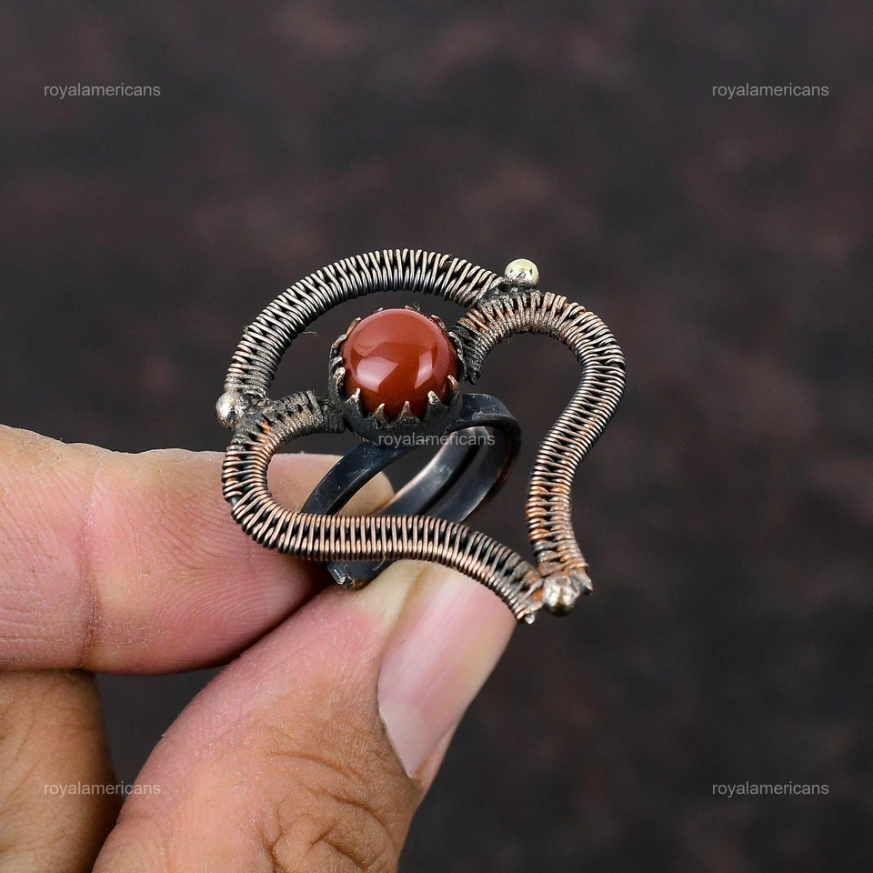 Anillo de cumpleaños apilable con piedras preciosas de cornalina redonda oferta del día de las hermanas joyería cobre Foto 3 de 4