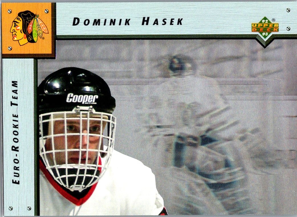 Dominik Hasek #ERT3 Hockey Cards 1992 Upper Deck Euro Rookie Team trading card — raw and PSA graded price guide