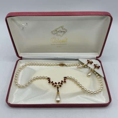Vintage Crisali By Antonio Mallorca Pearls & Red Crystals Jewelry Set In Box /cb