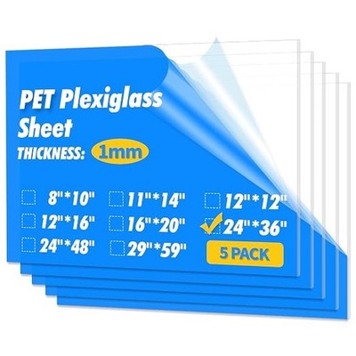 5-Pack 24x36'' Clear PET Plexiglass Sheets Flexible Plastic Panels