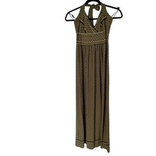 Geometric Trellis Halter Maxi Dress Brown Green V-Neck Empire Waist Sleeves S