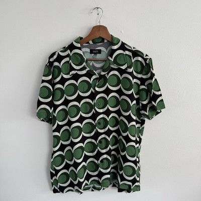 Phix Shirt Mens XL Extra Large Slim Black Green Geometric Viscose Camp Cuban