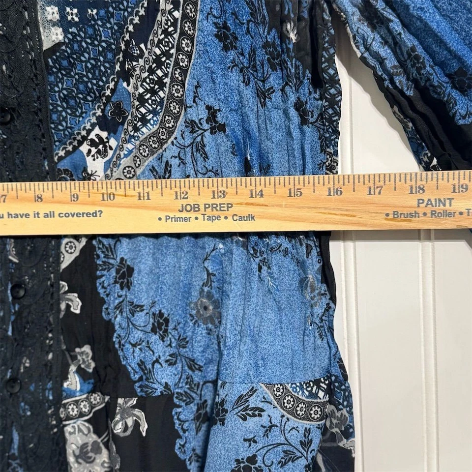 Dressbarn блузка L синий черный цветочный пэчворк кружева отделки Bell рукав богемное фея - Изображение 4 из 4