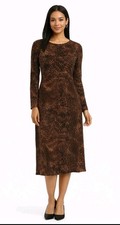 Jones New York Women’s Small Leopard Print Long Sleeve Midi Dress Brown