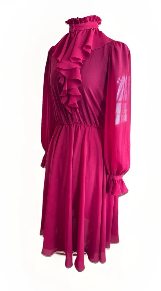 Vestido eduardiano vintage años 70 80 Manning plateado rojo manga larga campana volantes *defecto Foto 3 de 4