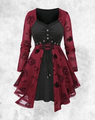 New Red & Black Gothic Corset Heart Flocked Studded Blouse Top size 3XL 22 24 26