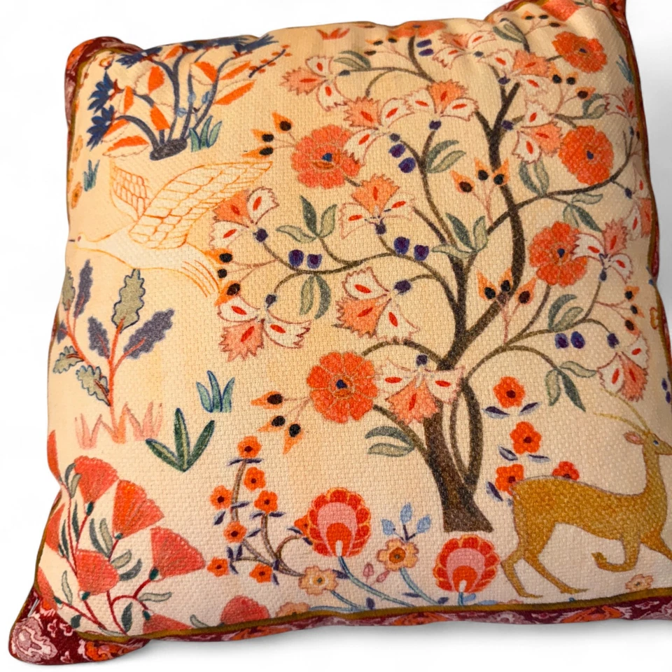 Pair Michaela Pillows Anthropologie Deer & Floral Folk Art Cream/Coral 16in - Image 4 of 4