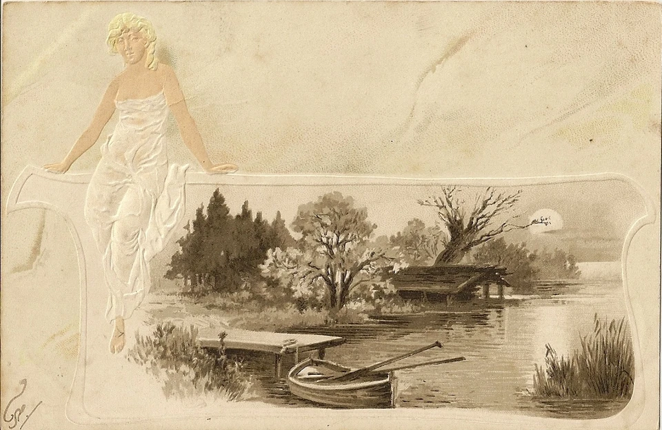 CARTE POSTALE FANTAISIE GAUFREE FEMME PAYSAGE VUE SUR LE LAC - Photo 1/1