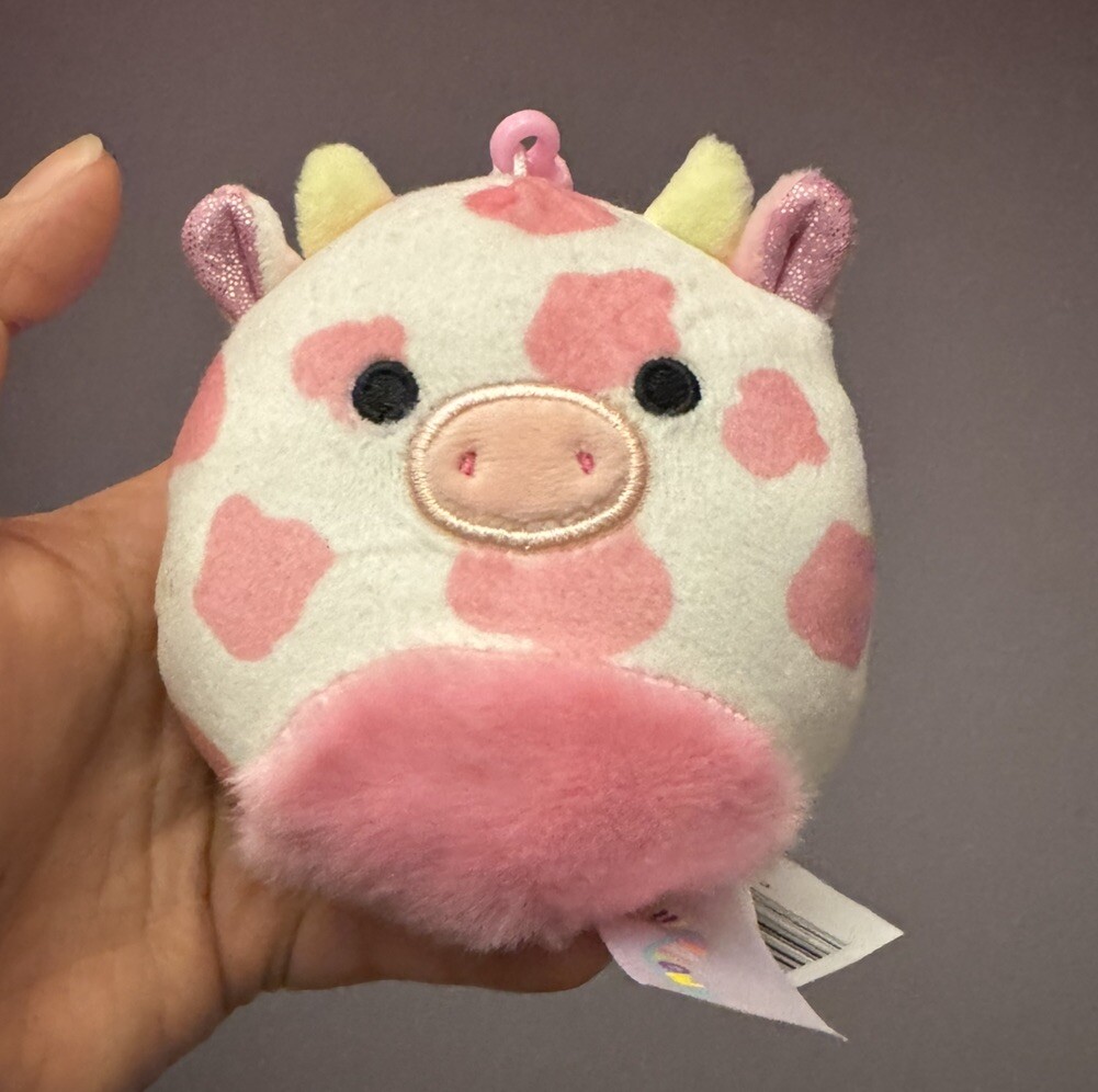 Squishmallows Evangelica Pink Cow Clip 3.5” Plush, VALENTINES Clip On Keychain