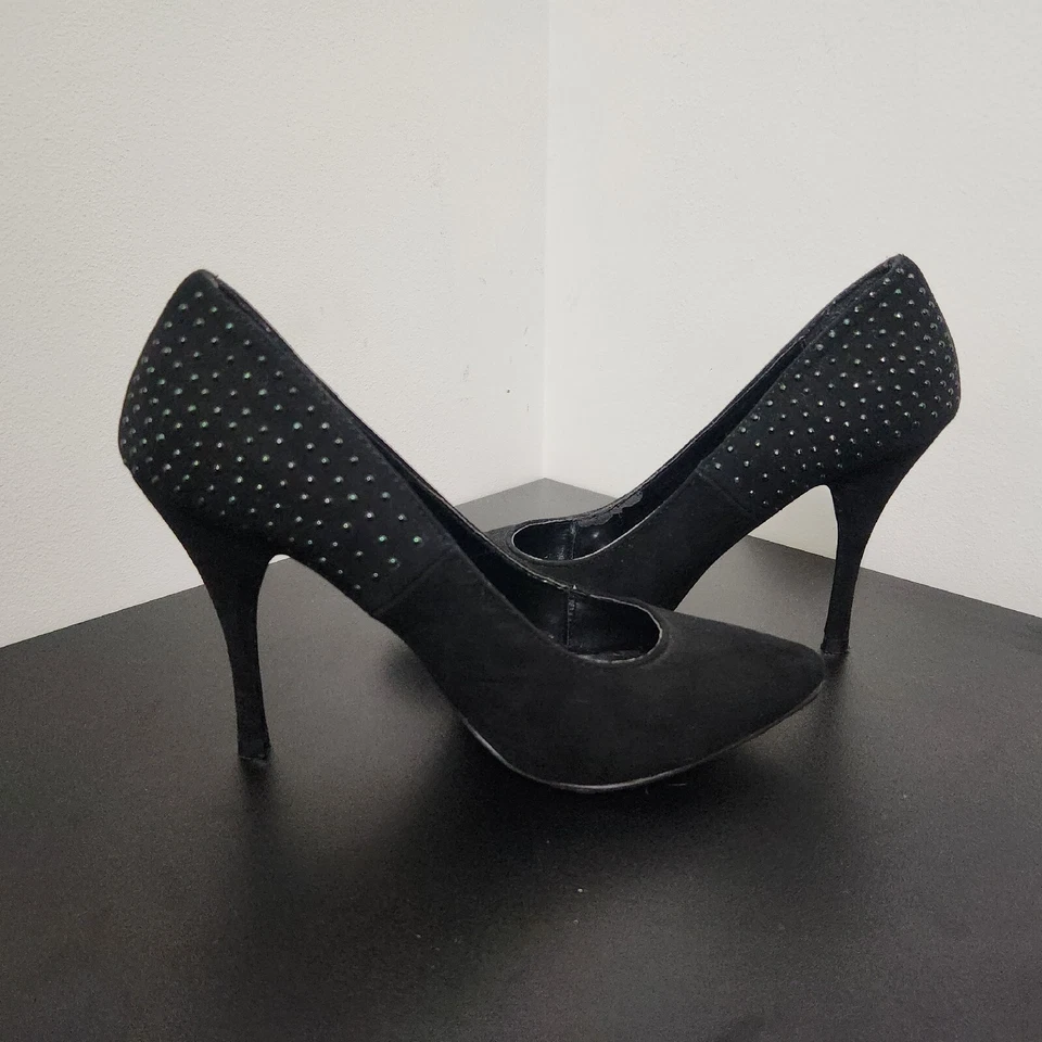 Zapatos de salón de gamuza sintética negros para mujer BRECKELLES tacón alto cuentas negras talla 8 Foto 4 de 4