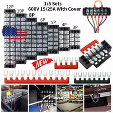 1/5 Sets 3-12 Pin Terminal Block Barrier Strip Dual Row Screw 15/25A with Cover