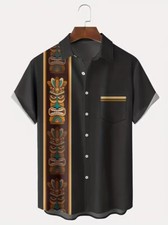 Plus Size Tiki Bowling Print Hawaiian Shirt Button Up Big & Tall Shirt Black New