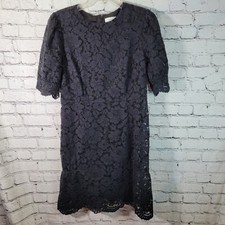 Lark & Ro Lace Sheath Dress Womens 12 Navy Blue Excellent Floral Puff Sleeve