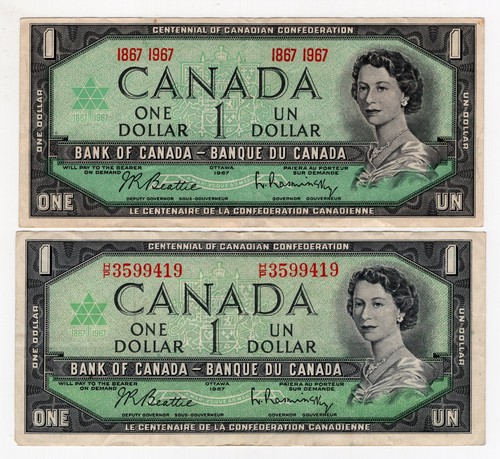 LOT OF 2 1967 BANK OF CANADA ONE 1 DOLLAR CENTENNIAL BANK NOTES NICE BILLS