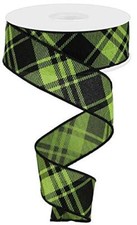 Diagonal Stripe/Check Wired Edge Ribbon - 10 Yards Lime Green Black 1.5"