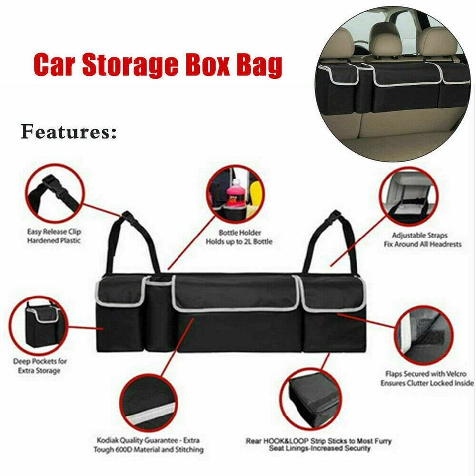 Car Organizer UYYE Car Trunk Hanging Organizer, Thick Backseat Storage Bag With 4 Pockets And 3 Adjustable Shoulder Straps, Foldable Interior Accessories Releases Trunk Space Truck Accessories