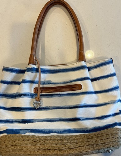 Brighton Shoulder Bag Tote Purse Bag White Blue Stripes Brown Bottom Beach Pool - 第 1/17 張圖片