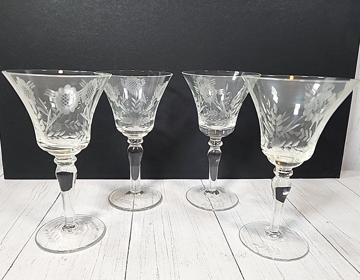 Arcadia Water Wine Stem Glass Etched Floral Pattern Set of 4 Vintage