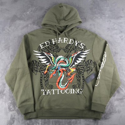 Ed Hardy Hoodie Olive Green Dragon Tiger Tattoo Fleece Pullover Y2K Men XL