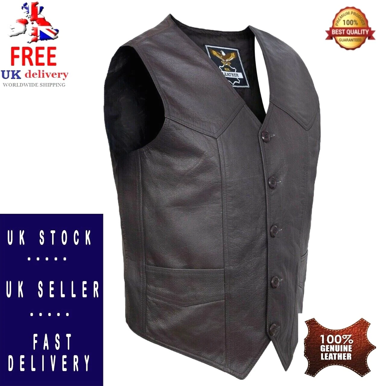 100% Real Leather Motorcycle Bikers Men's waistcoats Classic Brown casual Vest