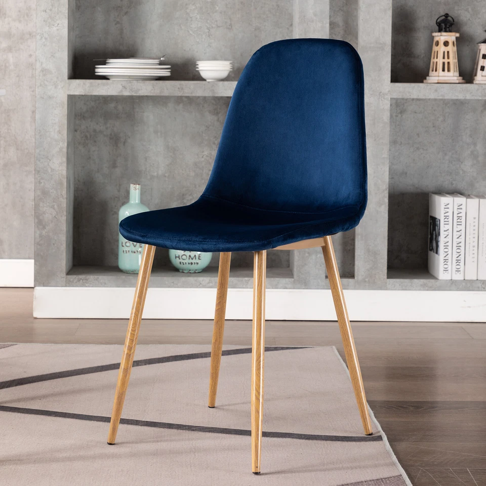 Modern Set of 4 Blue Velvet Dining Chairs Upholstered Cushion Seat Kitchen Chair - Image 4 of 4