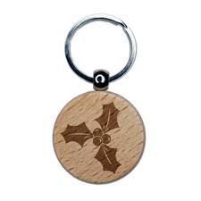 Christmas Holly Engraved Wood Round Keychain Tag Charm