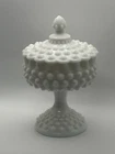 Vintage Fenton Hobnail Milk Glass Pedestal Footed Compote /Candy  Bowl with Lid