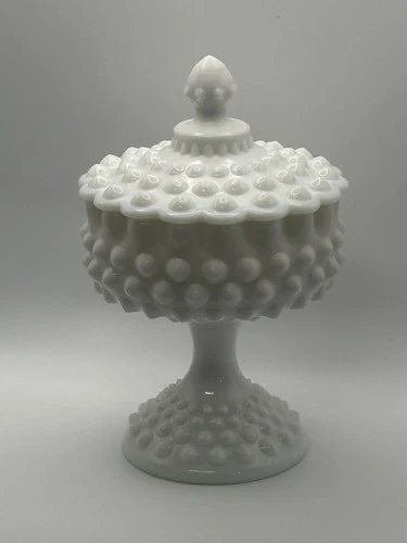 Vintage Fenton Hobnail Milk Glass Pedestal Footed Compote /Candy  Bowl with Lid