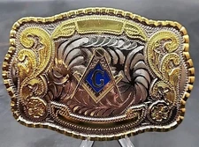 WMG Masonic Freemason Gold Tone Rodeo Western Fashion Unisex Cowboy Belt Buckle