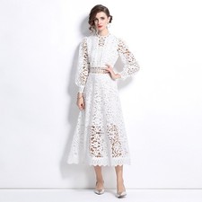 Vintage Floral Embroideried Mock Neck Hollow Out Women Casual Party Lace Dresses