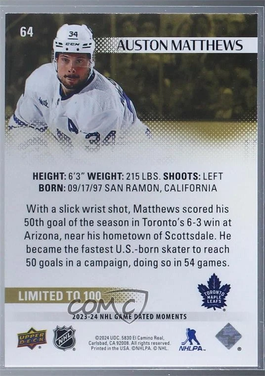 2023-24 Upper Deck Game Dated Moments Gold /100 Auston Matthews #64 - Image 2 of 2