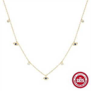 Authentic Gold Plated 925 Sterling Silver Blue CZ Evil Eye Station Necklace for Women