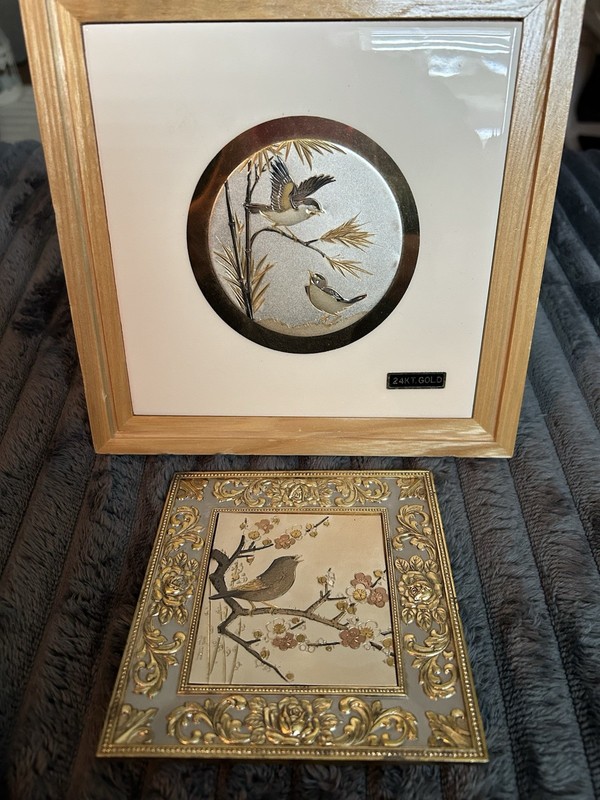 Vintage Art of Chokin Sankyo Sparrow Cherry Blossoms Musicical & Tile Picture 