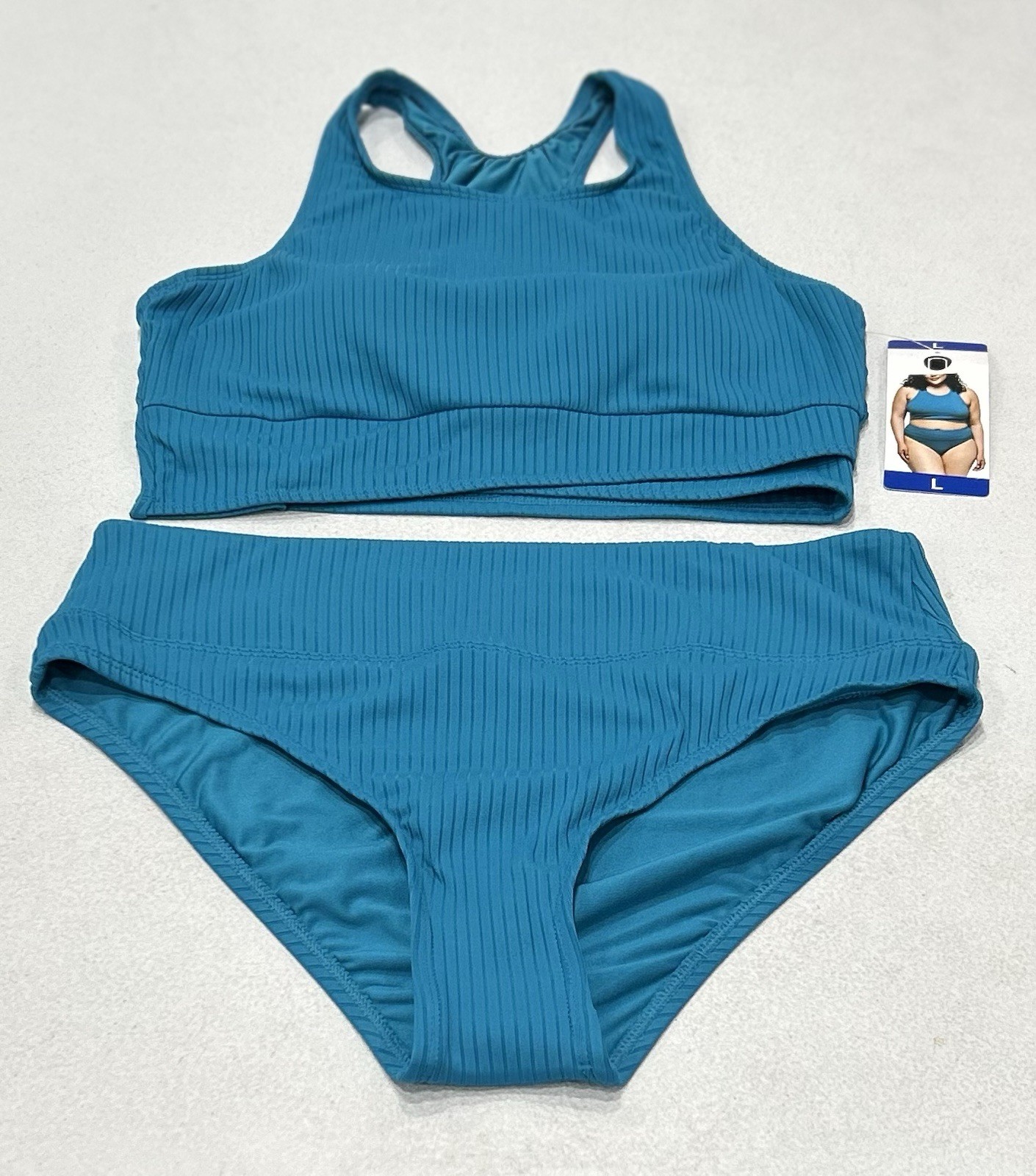 Next by Athena Women's 2-Piece Rib High Neck Racerback Swim Set, Blue, L