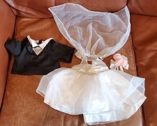 Build-A-Bear Workshop BAB White Wedding Dress Veil Bouquet Black Tuxedo Shirt
