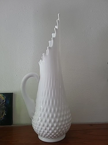 Vintage LARGE Fenton Milk Glass Hobnail Swung Vase Pitcher 15” MCM glass Vase