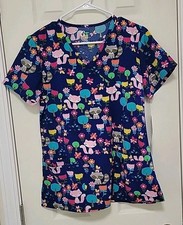 GT Performance Scrub Top Navy With Foxes  Flowers Small NWT 3 Pockets  Loop