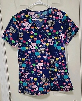 GT Performance Scrub Top Navy With Foxes & Flowers Small NWT 3 Pockets & Loop
