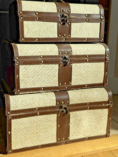 Set of 3 Nesting Decorative Storage Trunks Burlap Faux Leather Brass Studs