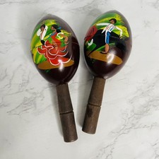 Vtg Pair Maracas Rumba music Shakers lot of 2 sMexico Hand Painted wooden Brown